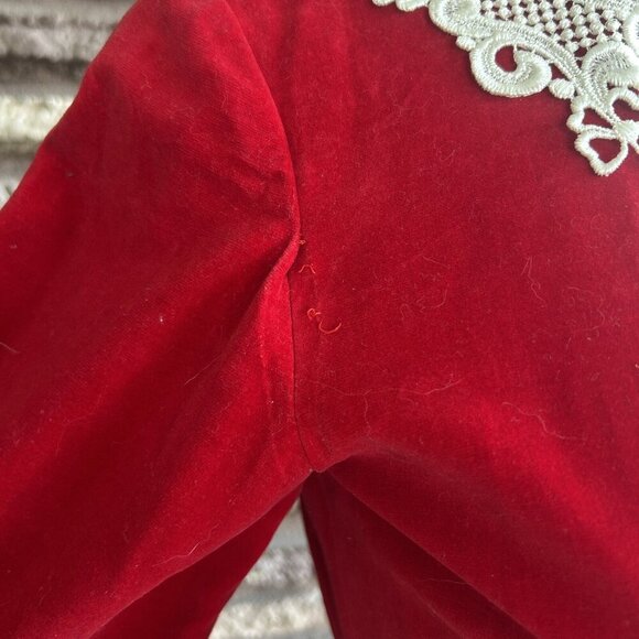 Vintage 60s Handmade Red Velvet Lace Accents Full Skirt Dress - Picture 5 of 8